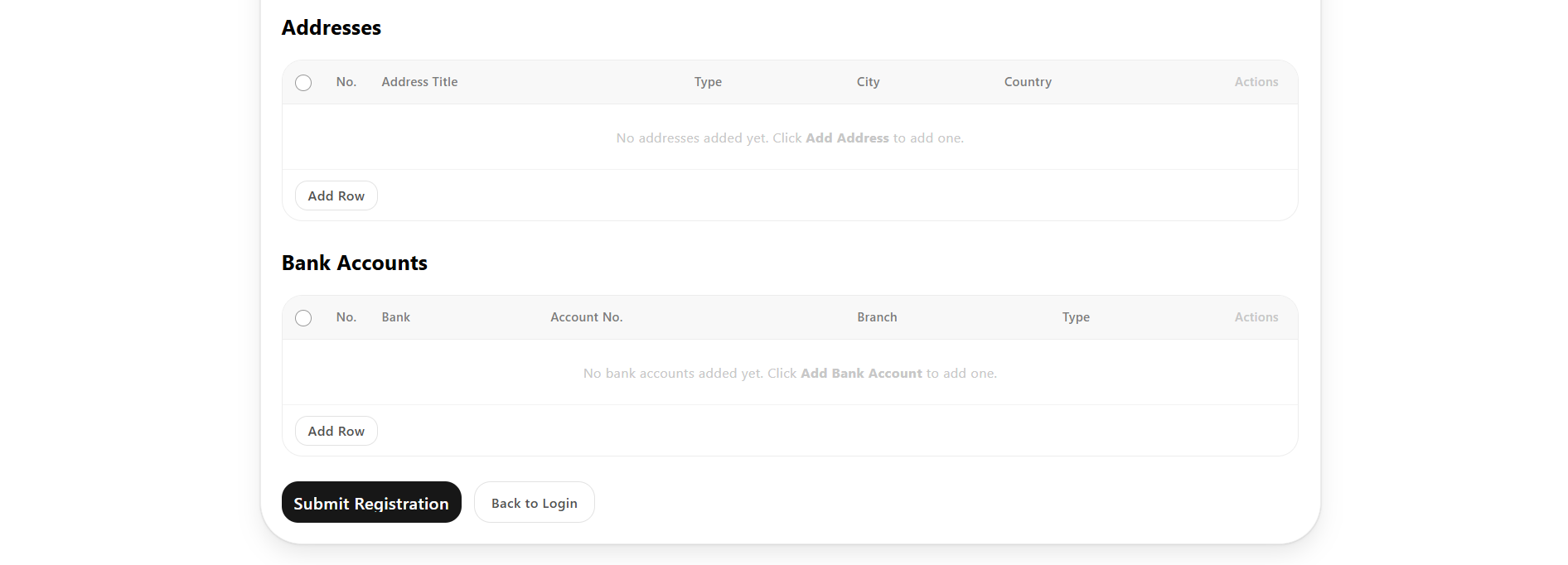 Addresses, Bank Accounts and Submit